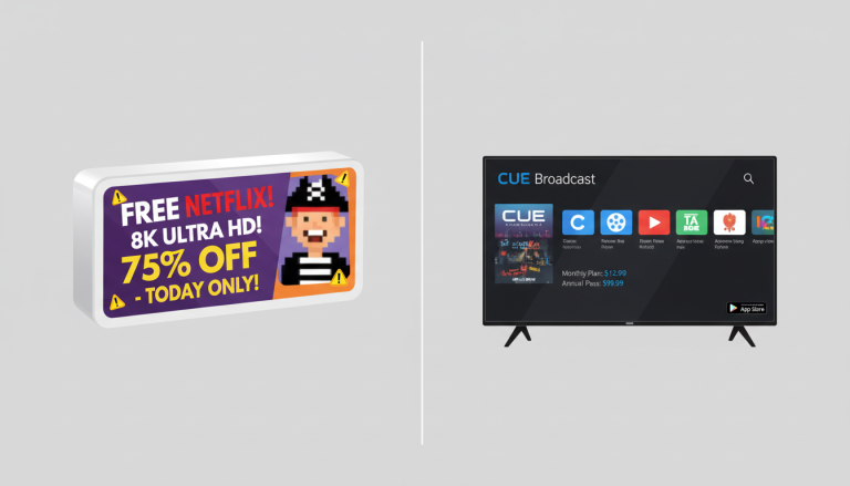 Side-by-side comparison of a sketchy Flixy TV Stick ad and a legitimate streaming service like CUE Broadcast on a TV screen.
