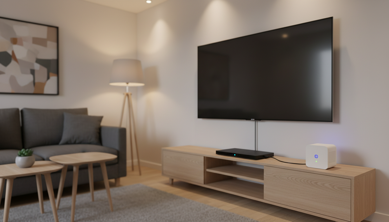 Modern living room TV setup, streaming device with an Ethernet cable connected, Wi-Fi router visible in background, clean and realistic, warm lighting.
