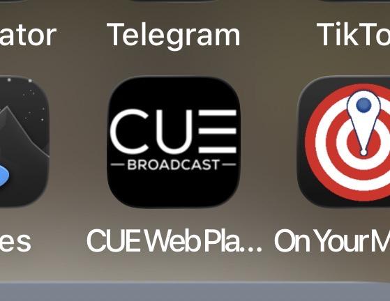 CUE web app icon with the CUE Broadcast logo on a black background.