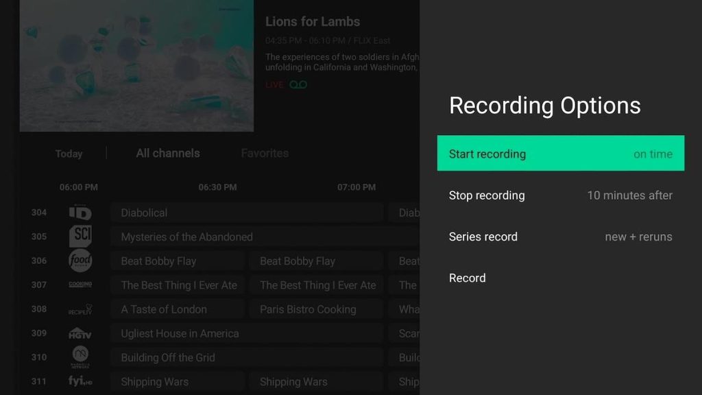 CUE Cloud DVR screen showing recording a series.
