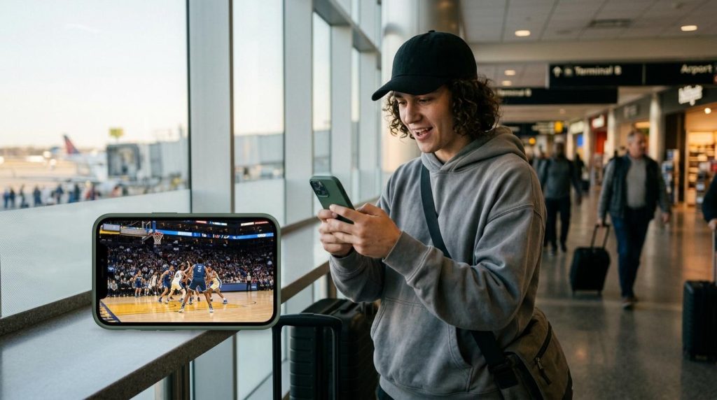 Guy watching basketball on his phone at the airport.