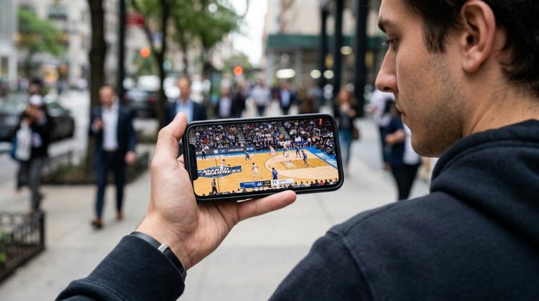 A realistic close-up of someone quickly streaming a college basketball game on their smartphone, holding the phone in one hand while on the go. The basketball game is already playing on screen, with players running on the court and a lively arena in the background of the stream.