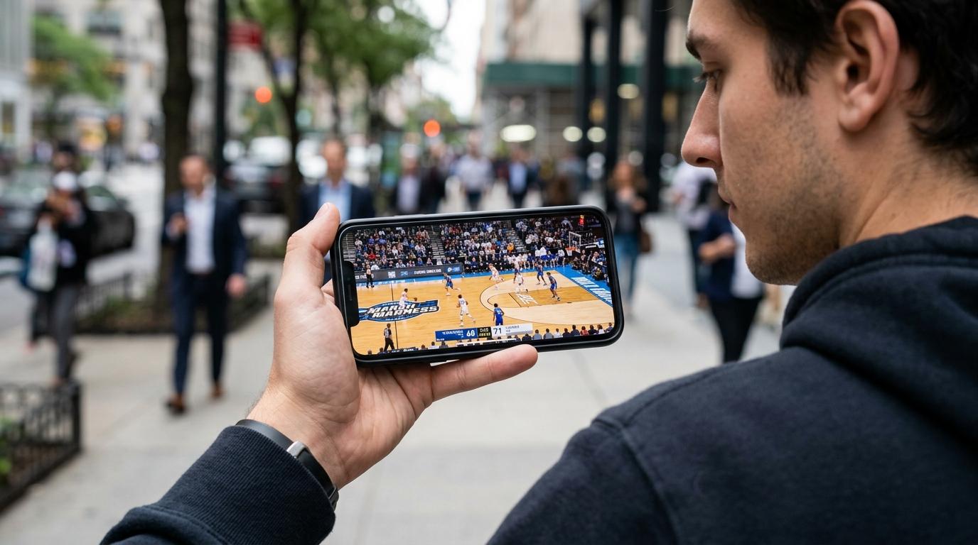 A realistic close-up of someone quickly streaming a college basketball game on their smartphone, holding the phone in one hand while on the go. The basketball game is already playing on screen, with players running on the court and a lively arena in the background of the stream.