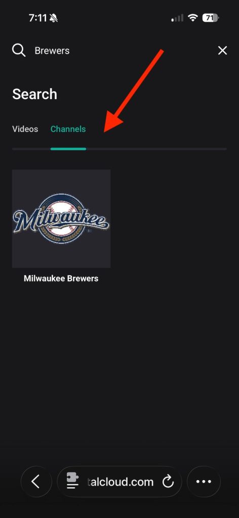 A search for "Brewers" on CUE and the result being a Milwaukee Brewers channel for watching streaming TV games.