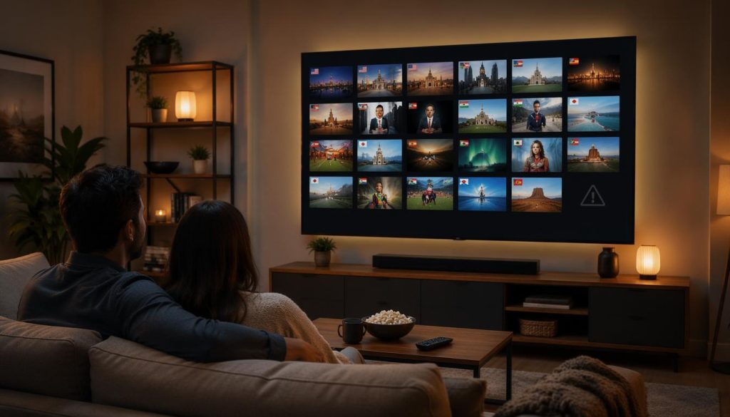 TV screen showing global live TV channels with a subtle streaming safety warning theme.