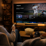Baseball fan watching an MLB game on streaming TV at home.