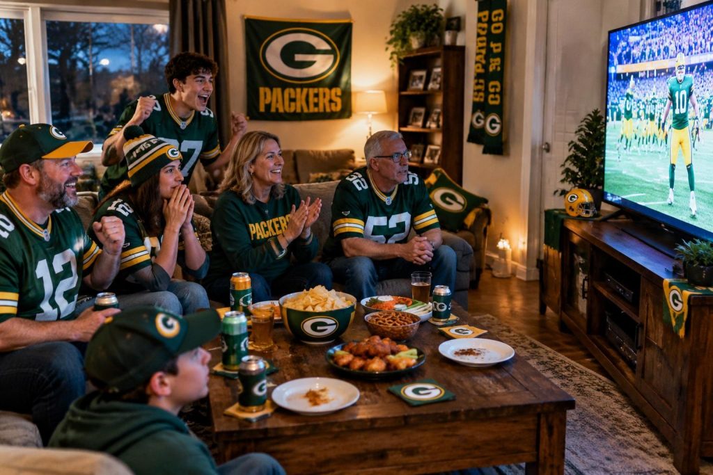 People watching the Green Bay Packers game in their living room.